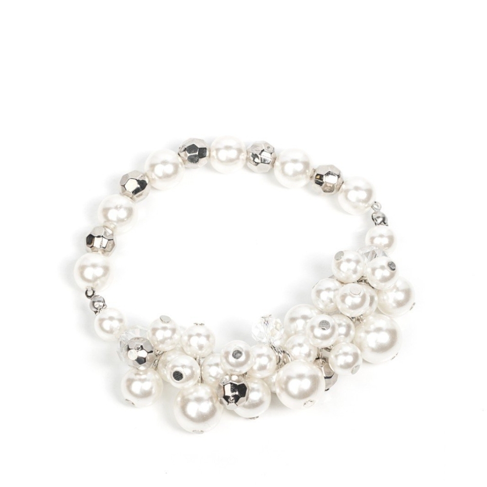Paparazzi White and Silver Cluster Bracelet Elegantly Exaggerated Fashion Jewels